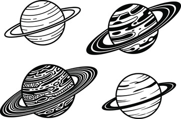 Minimalist saturn planet icons set with ring systems in black ink line. © Mst Insanara Begum