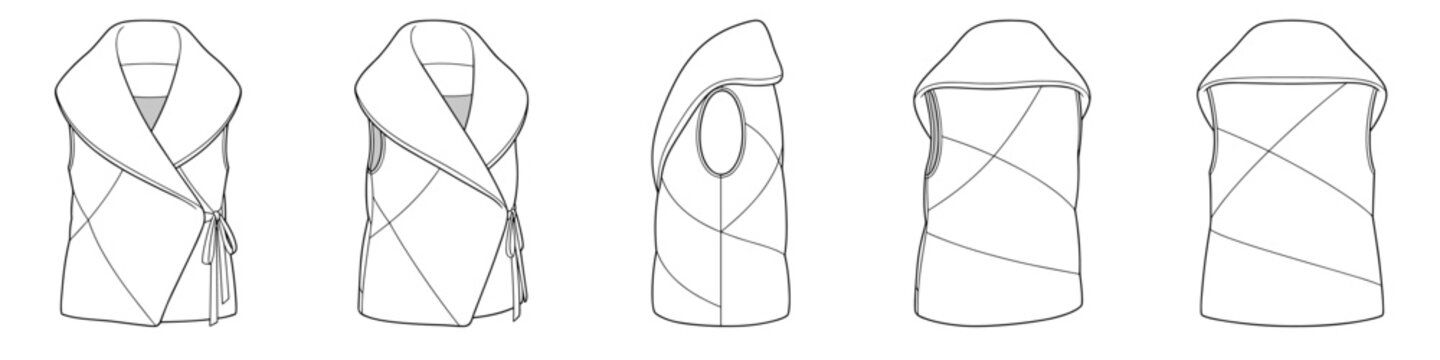 Shawl collar draped vest sketch. Wrap tie gilet. Technical vector sketch. Mockup template. Multi-view design