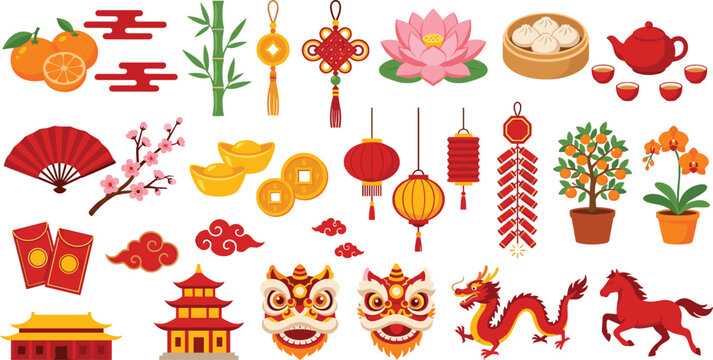 Chinese New Year vector decoration set with dragon lion dance pagoda lantern orange tree red envelope and oriental holiday elements.