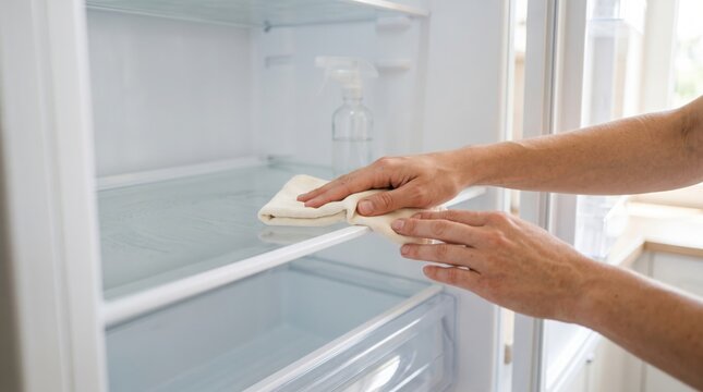 Hands wiping an empty fridge shelf with a soft cloth in bright light