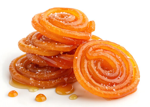 Jalebi for Diwali  bright orange spiral sweets dripping with sugar syrup  isolated on white background  sharp focus
