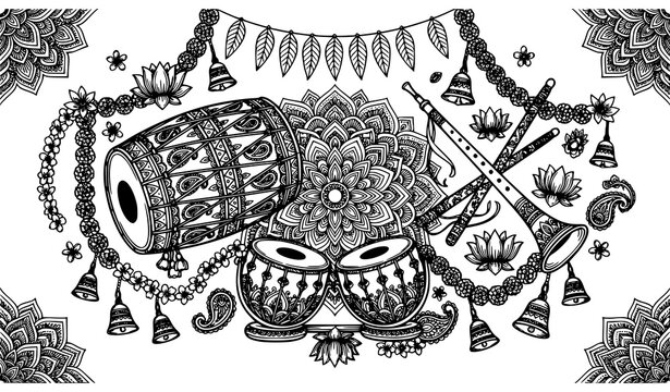 Indian Wedding Dhol Nagada and Shehnai Black Line Art Vector for Invitation Cards