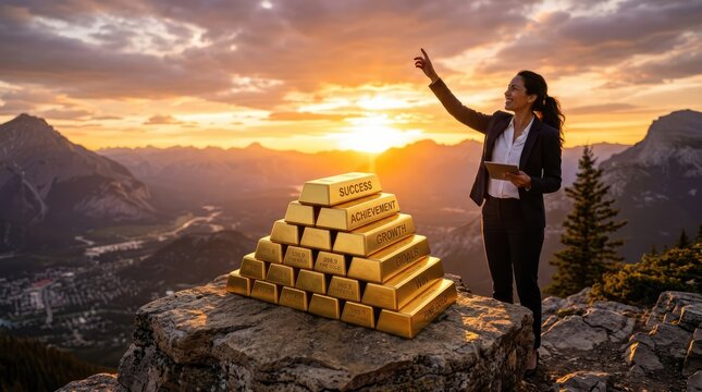 A businesswoman standing beside a mountain of gold bars, pointing towards the setting sun. The scene is set on a rocky outcrop with a vast mountain range in the background