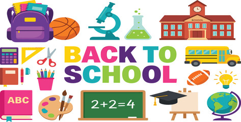 Back to school vector illustration set with textbook backpack bus building blackboard supplies sports and education cartoon elements. © Mijanur