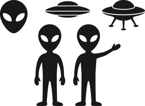 Alien characters with ufo and saucer icons representing mysterious creatures.