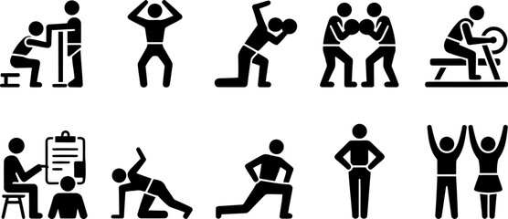 Obraz premium Collection of black and white pictograms representing various fitness and exercise activities