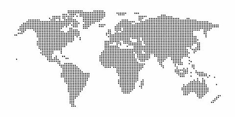 world map silhouette created with black dots on white background geography global continents oceans cartography vector graphic design modern simple © PabanBiswas