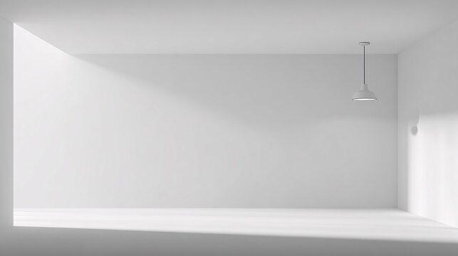 Minimalist White Room with Single Pendant Light and Empty Wall Space