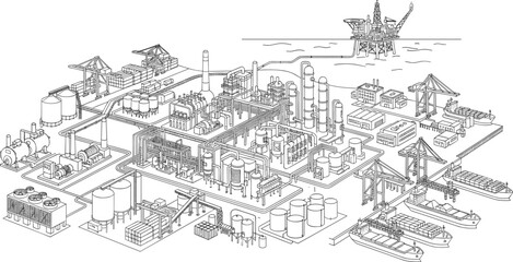 Fototapeta premium Oil Refinery Isometric Outline Vector Illustration with Petrochemical Plant, Port Terminal and Industrial Infrastructure