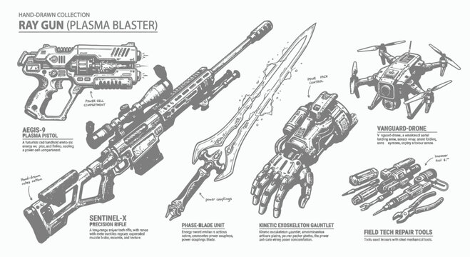 Hand-drawn black and white futuristic sci-fi equipment collection featuring a plasma pistol, sniper rifle, energy sword, robotic gauntlet, tactical drone, and tech tools on white background.