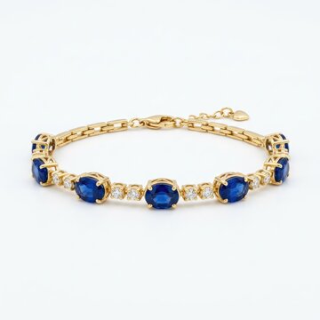 A stunning gold bracelet adorned with oval blue sapphires and clear diamonds, elegantly displayed against a clean backdrop