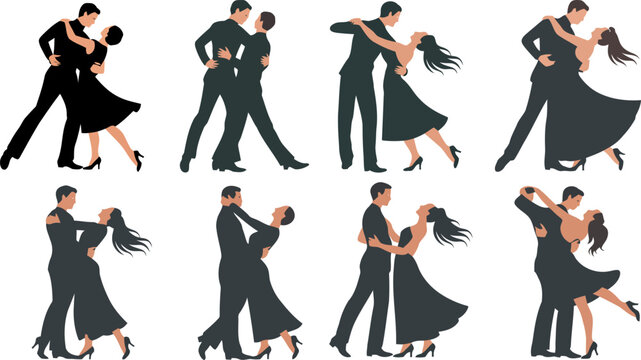 Eight Pairs of Dancing Couples in Various Romantic Poses Silhouetted Against White romance isolated on transprent background.
