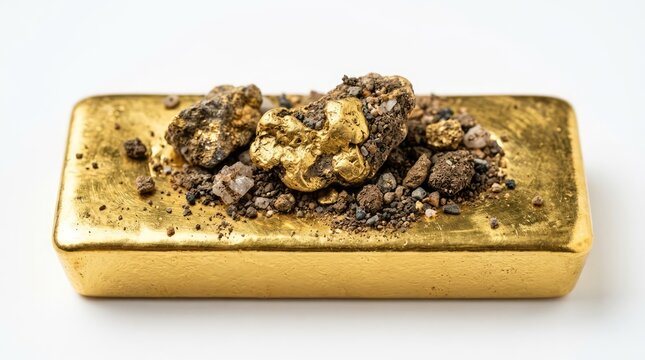 A gleaming gold bar adorned with rough gold nuggets and dirt. This striking image showcases the raw beauty and preciousness of gold in its varied forms