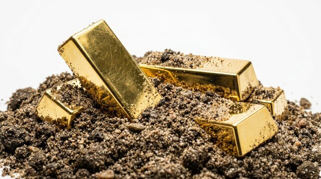 Five gold bars are buried in dirt, suggesting wealth and a hidden treasure
