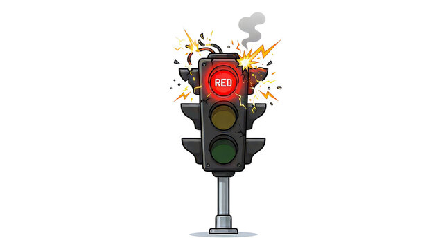 Broken Traffic Light Exploding with Red Signal and Sparks Isolated