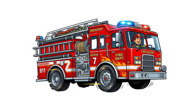 Red Cartoon Fire Truck Emergency Rescue Vehicle with Firefighter Character Isolated
