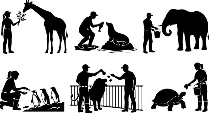 Zookeepers feeding various animals in a zoo silhouette collection vector illustration