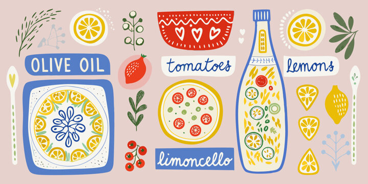 illustration of italian food ingredients and dishes on pastel background pizza limoncello tomatoes lemons olive oil vector colorful whimsical foodie
