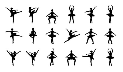 Elegant ballerina silhouette collection with graceful ballet dance poses isolated on white vector set © Bhorot