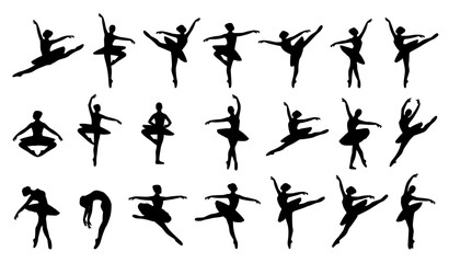 Professional ballerina silhouette set with classical ballet dance positions isolated on white background © Bhorot