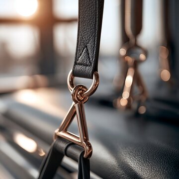 Close view of leather strap and metal triangle connector on fitness reformer carriage with soft blurred studio background, warm sunlight, textured surfaces, and clean wellness mood