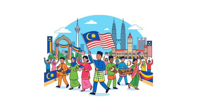 Malaysian National Day Celebration: Diverse People Marching with Flag and Landmarks
