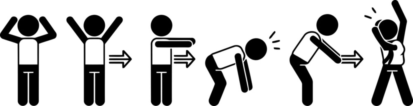 Stick figure sequence showing a person raising arms then bending forward and back progression isolated on transprent background.