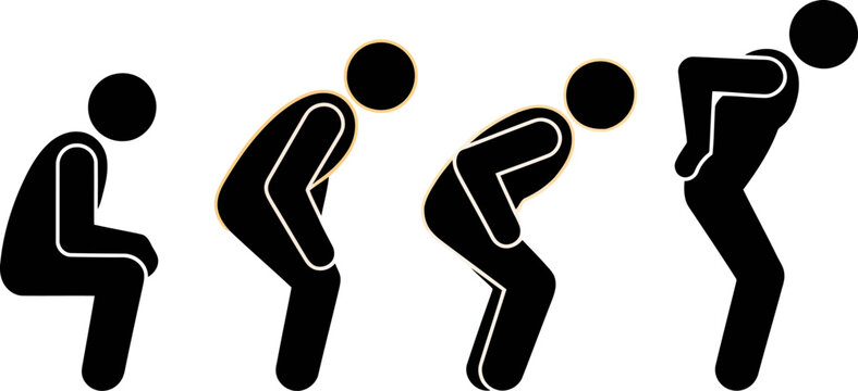 Stick figure sequence showing progression of bending and back pain with yellow accents isolated on transprent background.