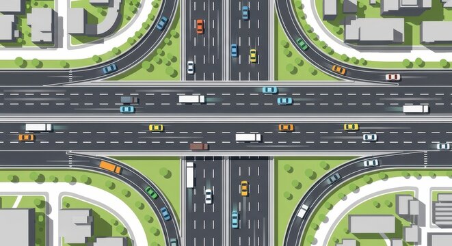Aerial view of complex highway interchange with traffic.