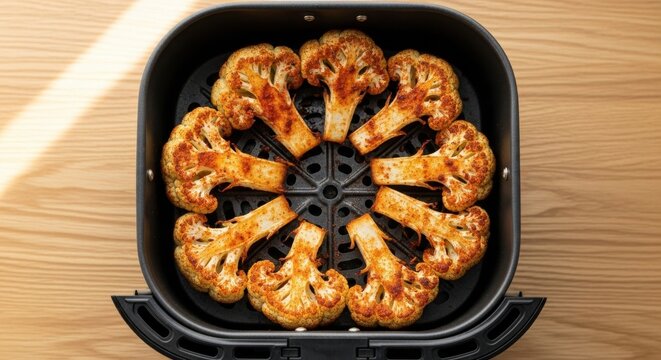 Crispy Cauliflower Florets Cooking in Air Fryer Basket