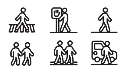 Pedestrian safety line icons set showing people walking on crosswalks and near cars with stopping signals. © MD.RAHIM