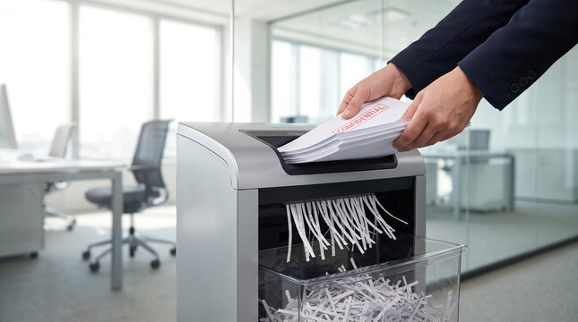 Businessman wearing dark suit jacket, with a stack of documents stamped confidential, inserting papers into an automated shredding machine, in a bright corporate office interior, photography