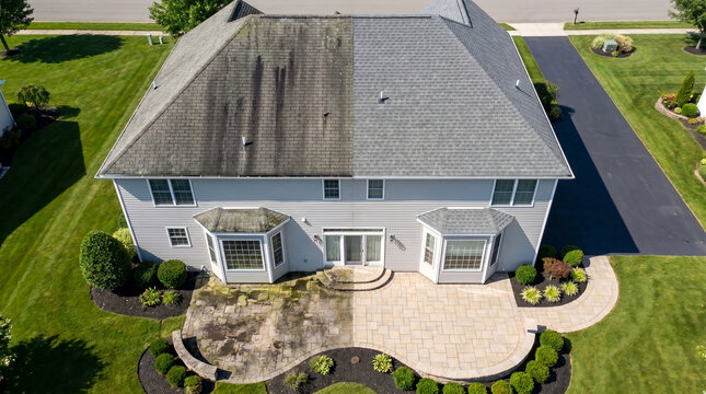 Suburban house roof and patio, split view showing half dirty and half clean, presenting before and after pressure washing results, in a residential yard, home improvement photography
