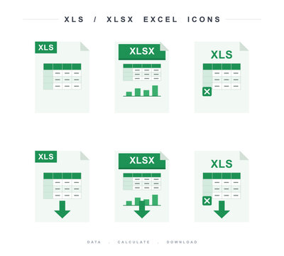 Set of excel file icons with data, calculation, and download symbols
