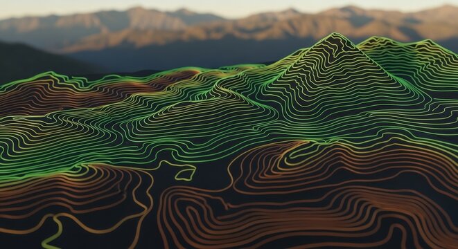 Topographic terrain map with contour lines and distant mountains