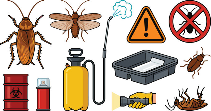Professional Pest Control and Extermination Equipment Vector Set Featuring Cockroaches Chemical Sprayer Trap and Hazard Warning Symbols