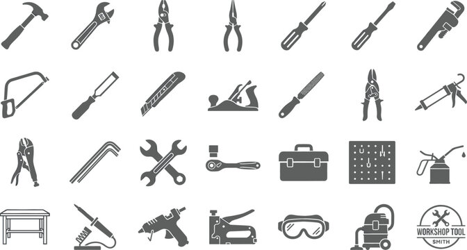 Carpentry Workshop and Hand Tools Icon Set with Hardware Repair Equipment Construction Wrenches Maintenance Instruments and Industrial Workbench Symbols for Mechanical Graphic Designs