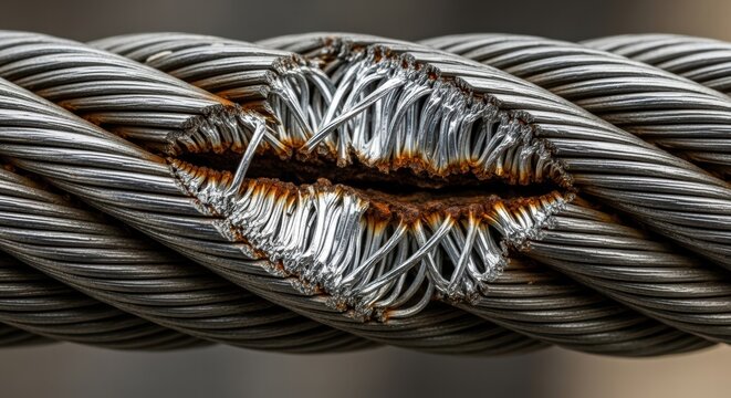 Material failure causing structural damage to a steel wire rope, showing metal fatigue, corrosion, broken strands, and frayed steel cable due to degradation