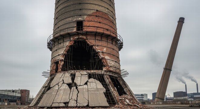 Industrial chimney with extensive structural failure and exposed rebar, showcasing material decay and urban ruin at a derelict factory under a cloudy sky
