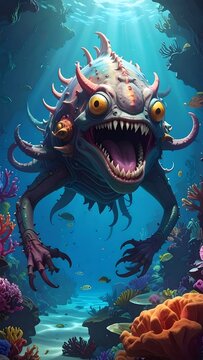 A monstrous sea creature with sharp teeth and glowing eyes swims towards the viewer amidst vibrant coral and schools of small fish