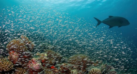 Shark swimming near a large school of fish on a coral reef © Draxora Agency