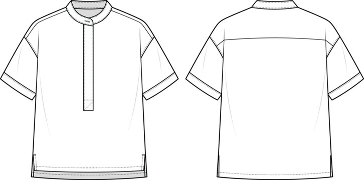 Technical fashion flat sketch of oversized short sleeve band collar popover shirt blouse front and back views