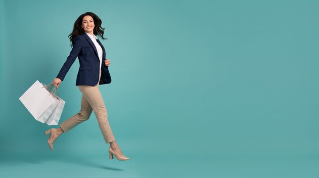 Cheerful business woman jumping with shopping bags over turquoise background