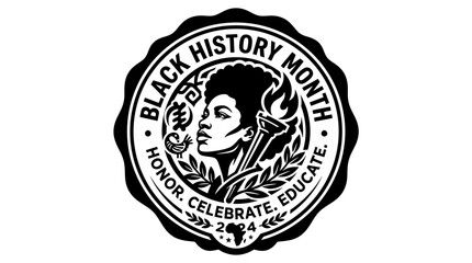 Fototapeta premium Black History Month 2024 Commemorative Circular Seal Emblem with African American Woman Portrait and Torch.