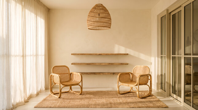 Two rattan armchairs in a warm sunlit boho living room