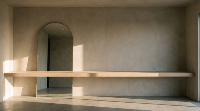 Arched mirror and floating wood shelf in a minimalist plaster room