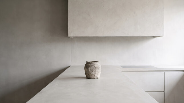 Rustic stone vase on a minimalist microcement kitchen countertop