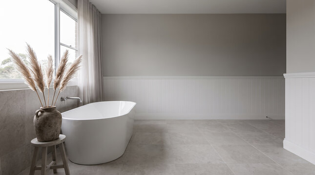 Modern bathroom with freestanding tub and pampas grass decor