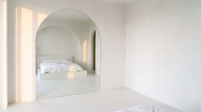 Serene all white bedroom with arched mirror and platform bed