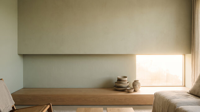Calm minimalist living room with wooden console and ceramic vessels